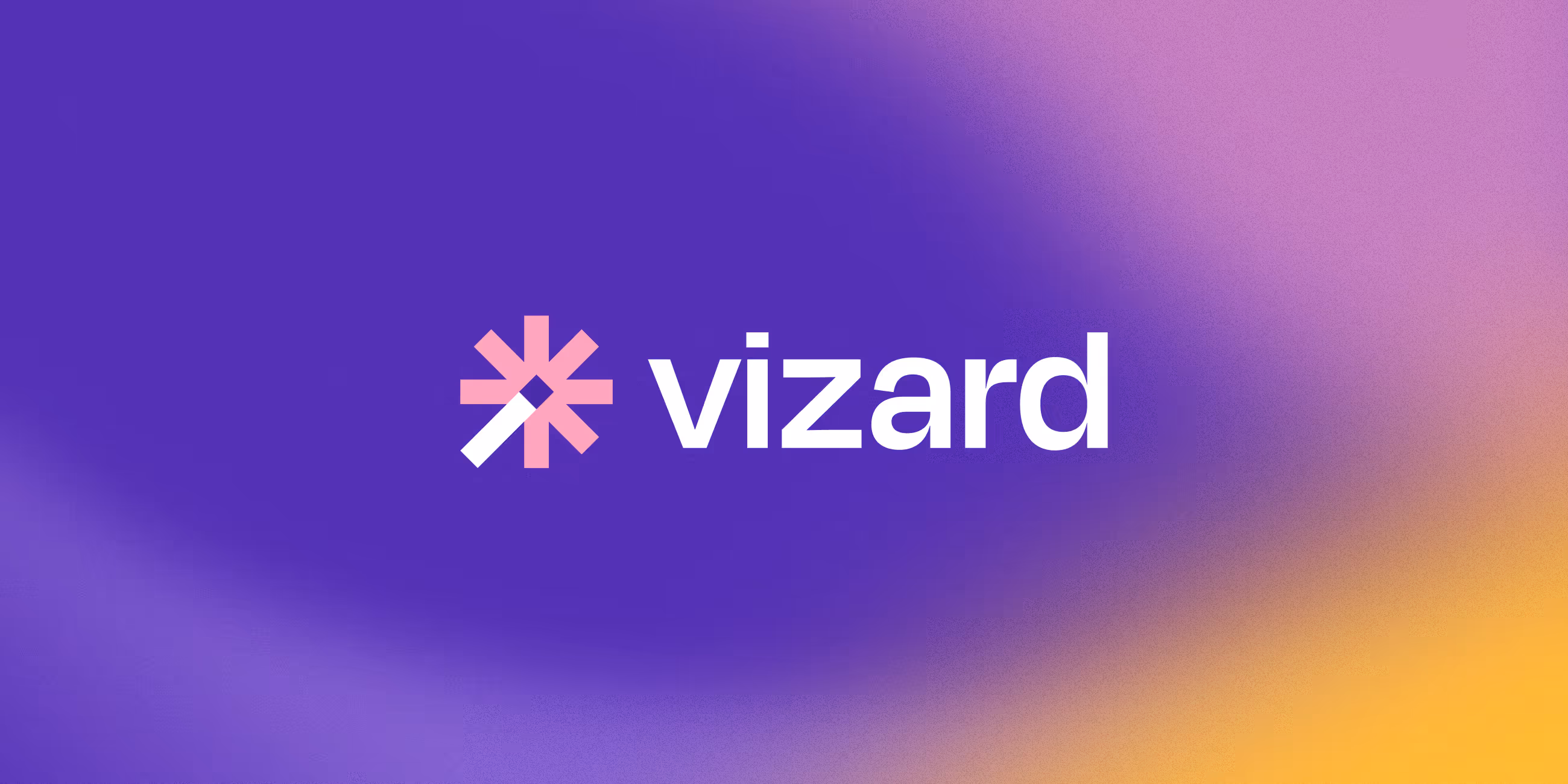 White text 'vizard' next to a pink asterisk-like symbol with a white diagonal line, on a purple to yellow gradient background.